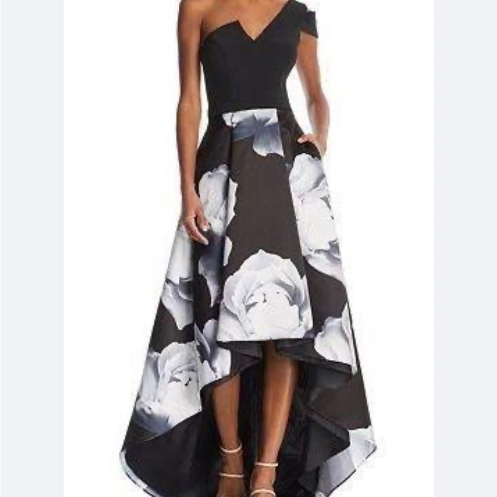 Betsy Adam black & white floral high low gown